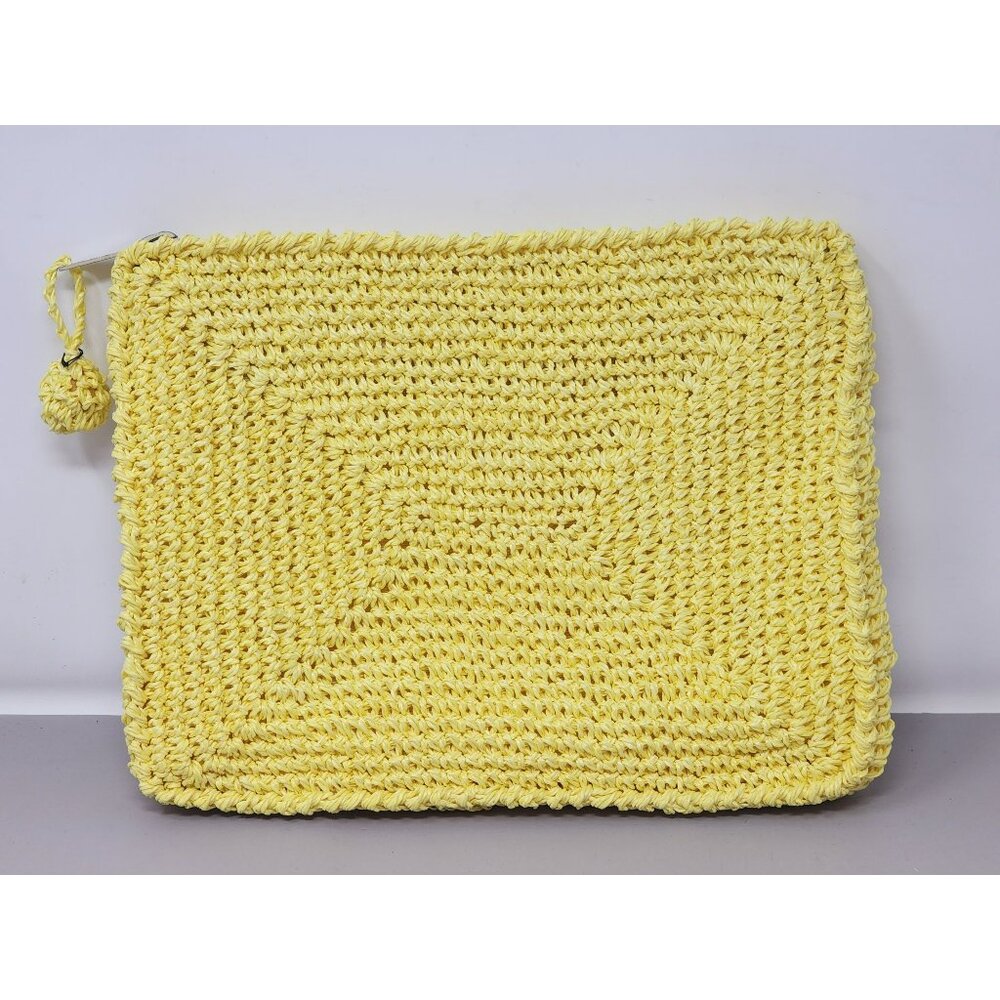 Yellow Handwoven Clutch Bag With Zipper Closure & Pom-Pom Accent Made In Korea